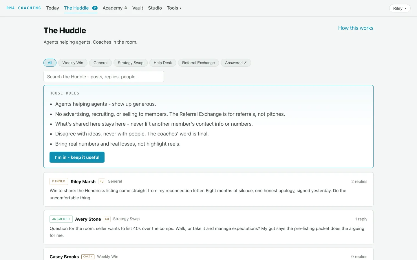 The Huddle inside the RMA platform: channels, search, house rules and member threads