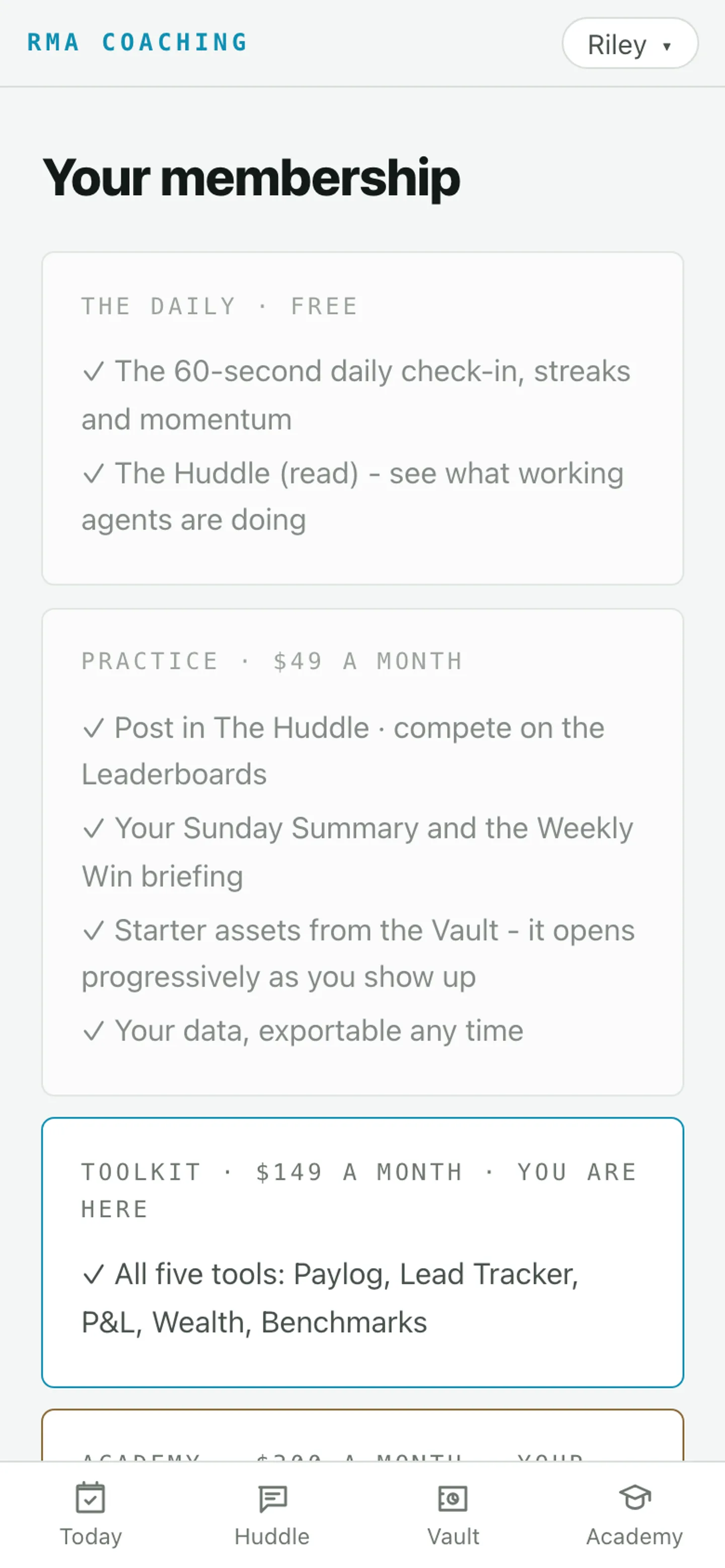 The membership ladder on a phone: every rung keeps everything below it