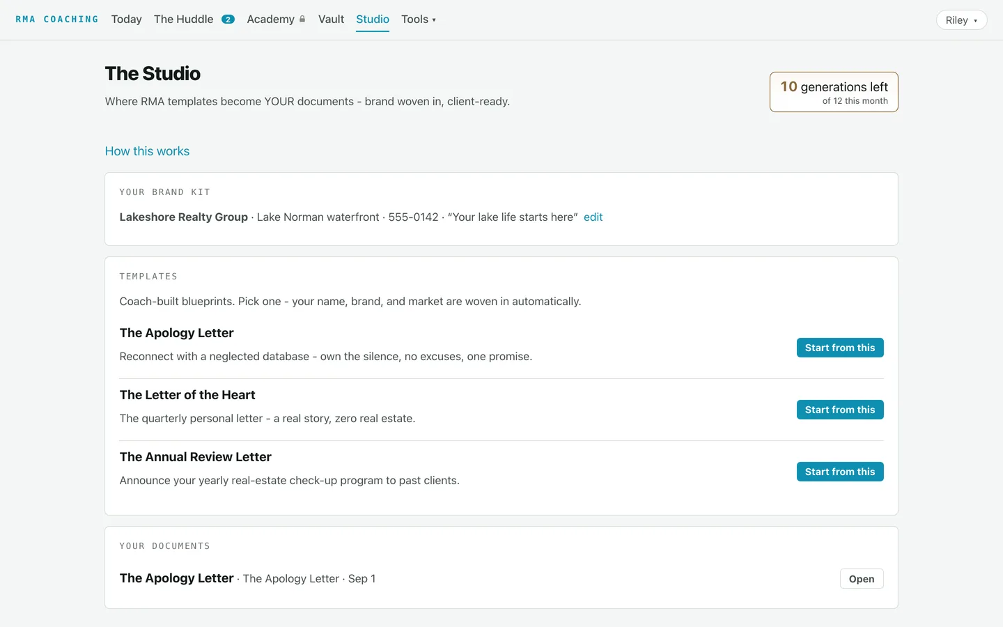 The Studio inside the RMA platform: your brand kit, coach-built templates and your finished documents