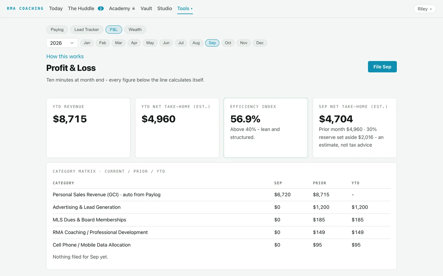 The P&L tool inside the RMA platform: YTD revenue, net take-home, efficiency index and the category matrix