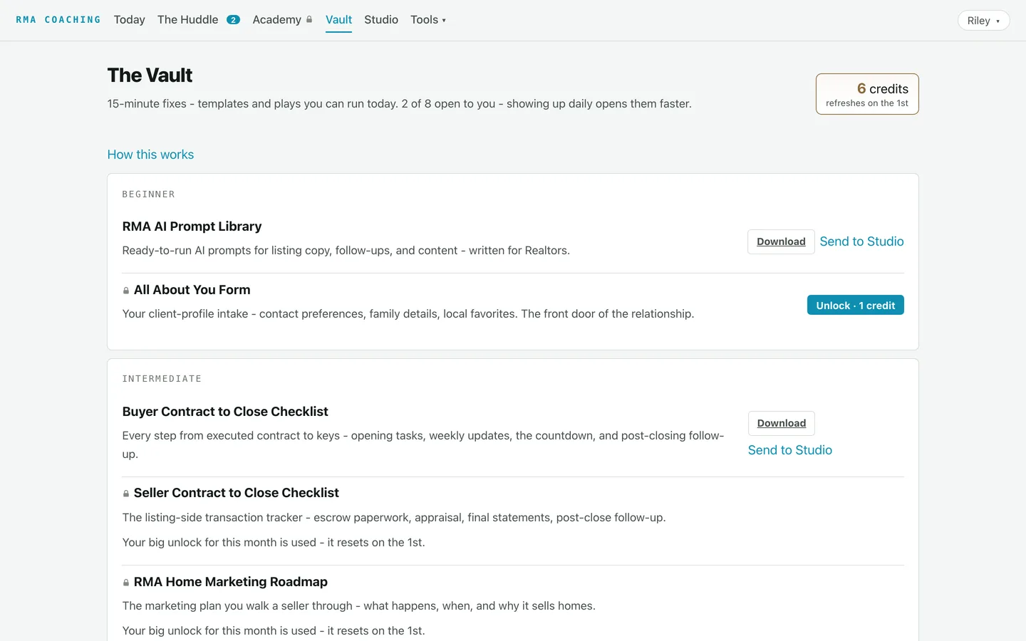 The Vault inside the RMA platform: shelves of 15-Minute Fixes, credits, Download and Send to Studio